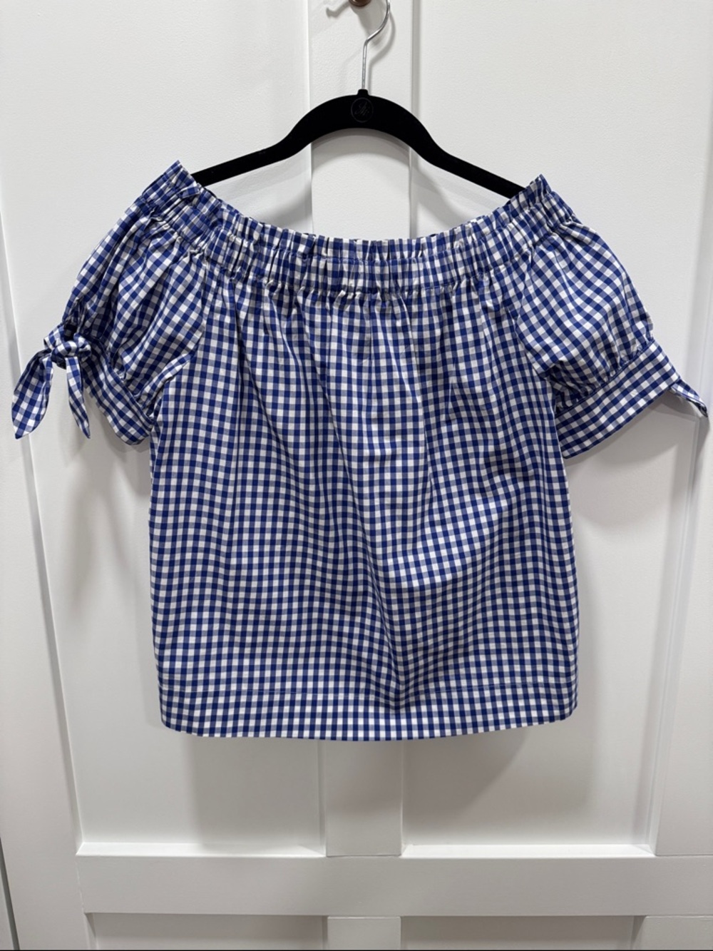 J. Crew Navy and White Gingham Off-Shoulder Top